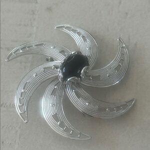 Vtg Leaf Spray Brooch Pin Silver Tone Black Rhinestone Filigree